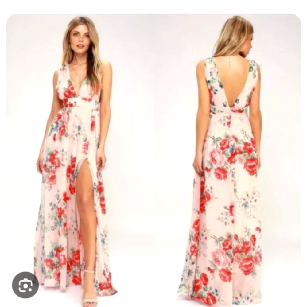 Lulu's Garden Meandering Blush Pink Floral Print Maxi Dress Gown Size XS